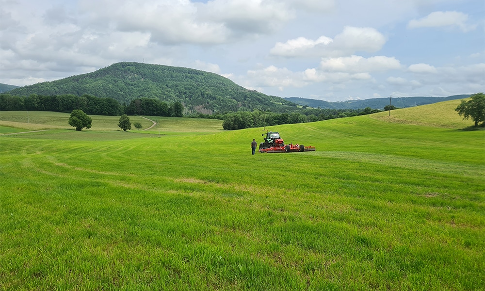 Landwirtschaftliche Grünlandpflege mit Traktor im Südschwarzwald