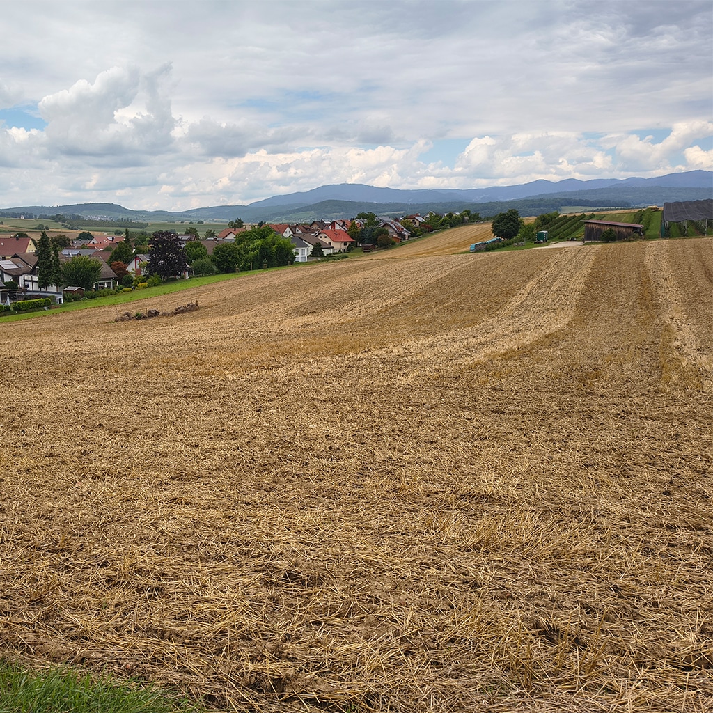 Blick über abgeerntetes Feld auf Dorf und Berge im Hintergrund